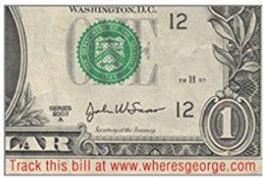 1 Line "Track this bill at www.WheresGeorge.com" Design // Self Inking Stamp Construction, 8 Color Options